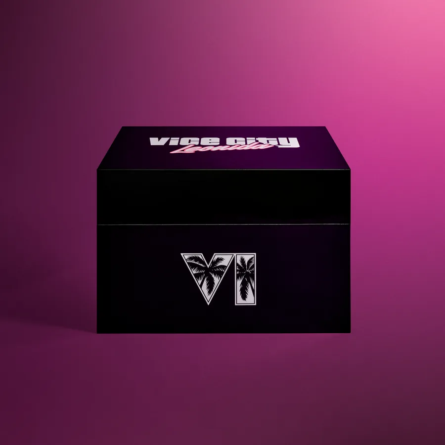 Le coffret collector GTA VI fermé : boîte noire avec le logo VI et l'inscription Vice City Leonida