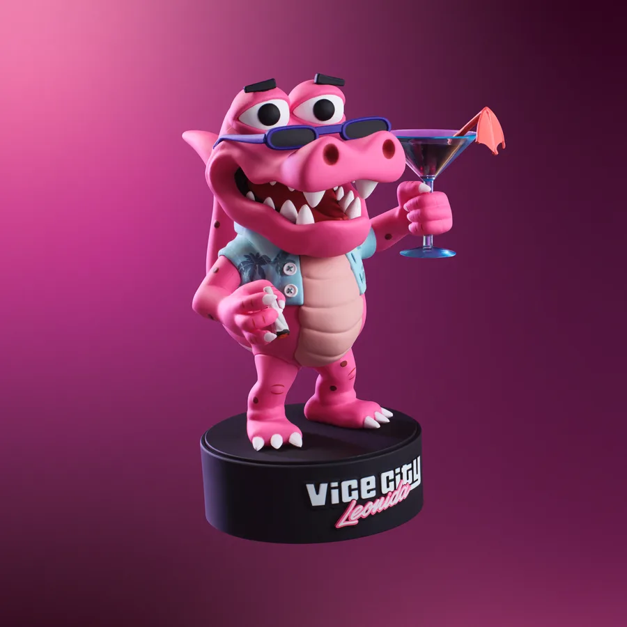 La figurine de Macca l'alligator, rose, avec lunettes de soleil et cocktail, sur son socle Vice City Leonida